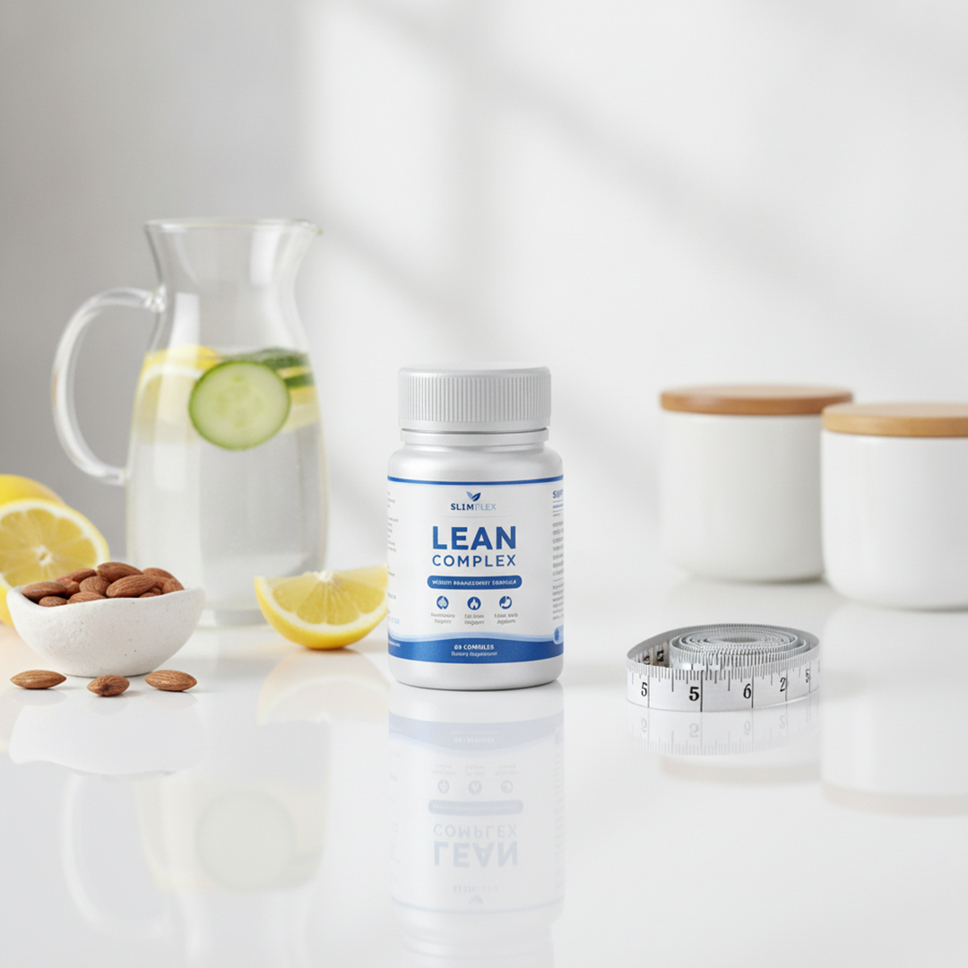 Lean Complex bottle beside water, lemon, almonds and measuring tape